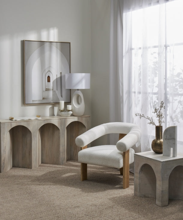 Amalfi Boucle and Wood Curved Armchair White & Natural