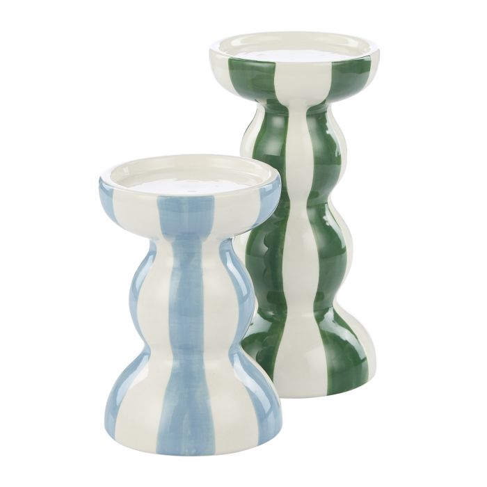Lane Stripe Candle Holder Large Green & White